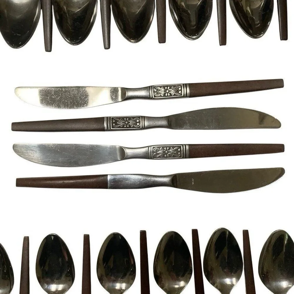 MCM INTERPUR Bar Harbor‎ Stainless Steel Faux Wood Scroll Japan Flatware 68 PCS